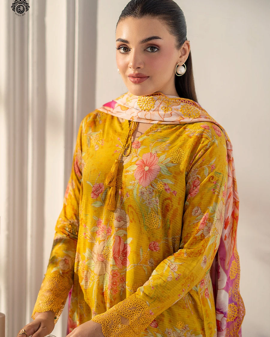 Samaira Mustard Marigold Embroidered Premium Slub Cotton 3-Piece Suit