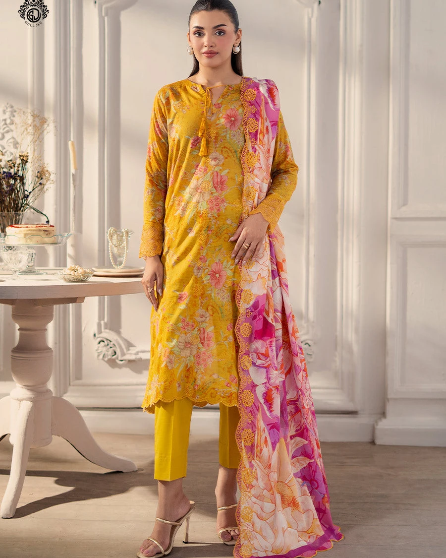 Samaira Mustard Marigold Embroidered Premium Slub Cotton 3-Piece Suit