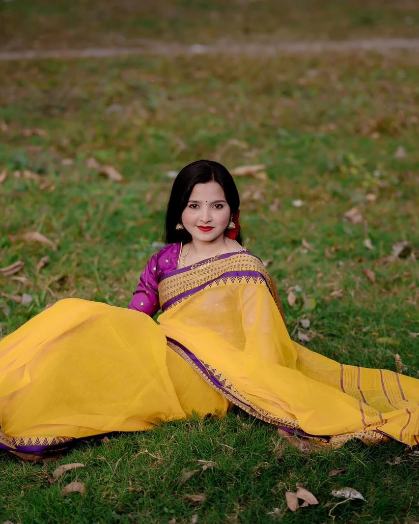 Vibrant Yellow and Purple Half Silk Nakshi Paar Saree