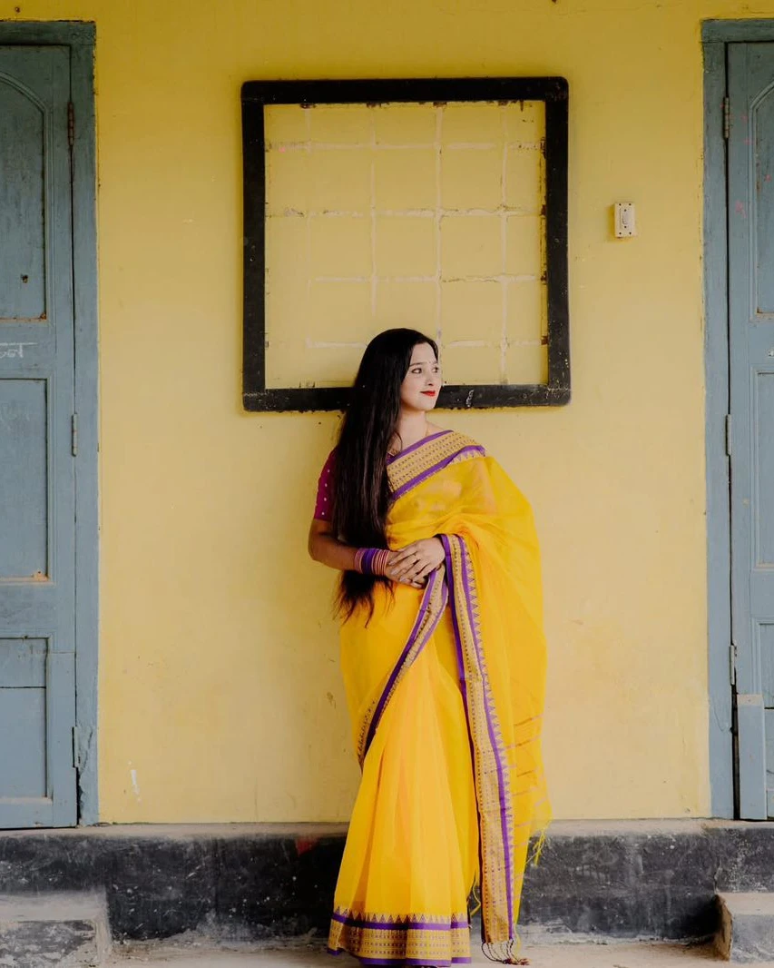Vibrant Yellow and Purple Half Silk Nakshi Paar Saree